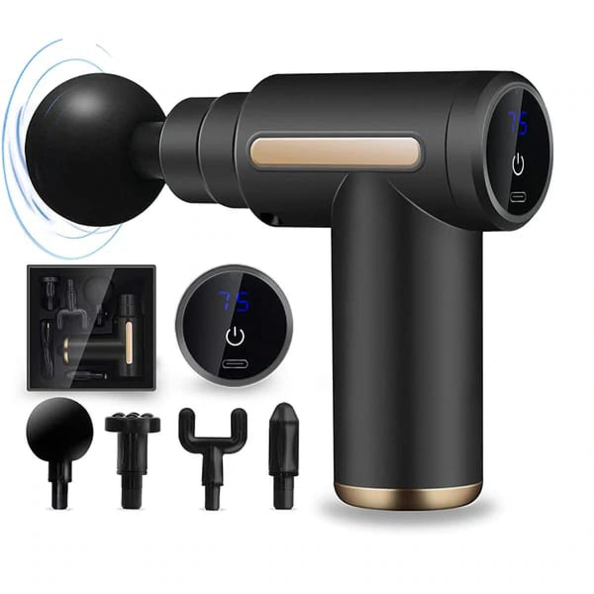 Black massage gun with attachments on a white background