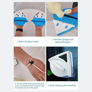 Step-by-step guide on using a glass cleaning tool with images and text instructions.