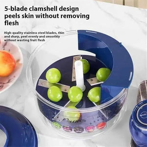 Apple peeling device with 5 blades on a white surface