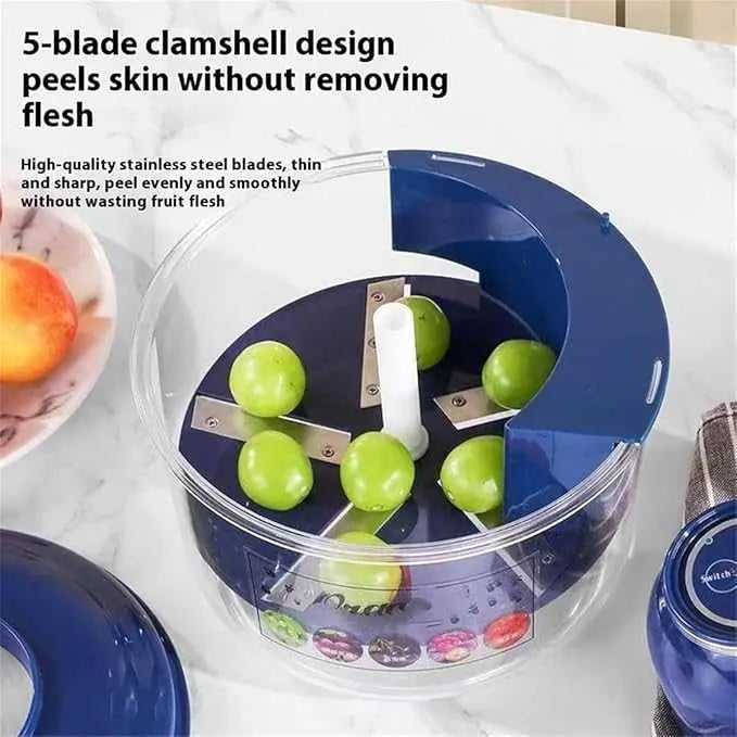 Apple peeling device with 5 blades on a white surface