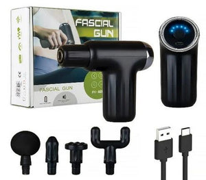 Fascial gun with attachments and packaging on a white background