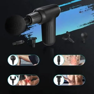 Black massage gun with attachments on a dark background