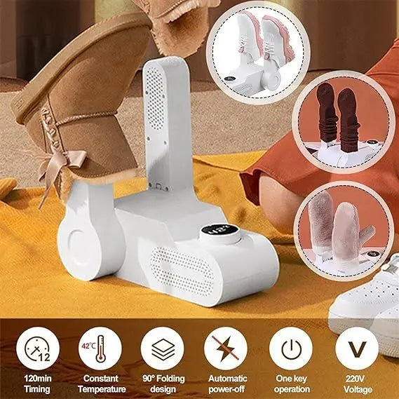 White shoe dryer on a table with insets showing shoe care features, surrounded by shoes and a blanket.
