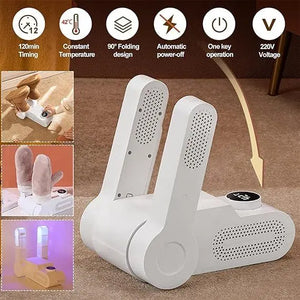 White shoe dryer with features listed on a brown background
