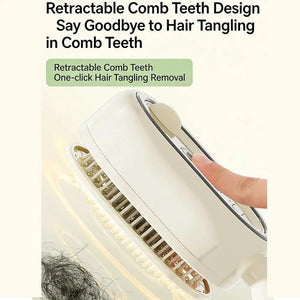 A close-up of a white retractable hair comb teeth removal device with a finger pressing a button, shown with text overlays describing its one-click hair tangling removal feature.
