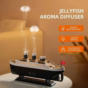 Jellyfish aroma diffuser with steam rising, on a blurred background.