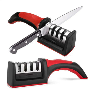Knife sharpener with black and red handle on a white background