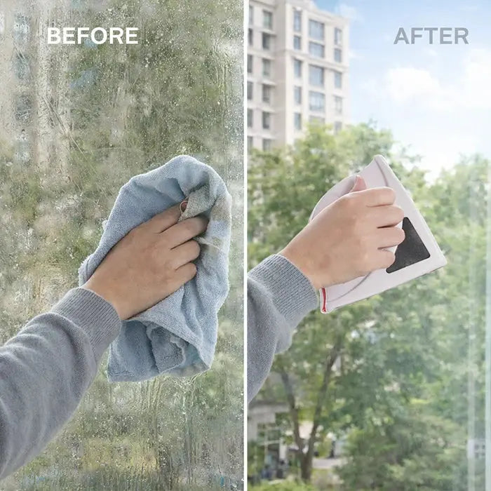Before and after comparison of cleaning a window with a squeegee.