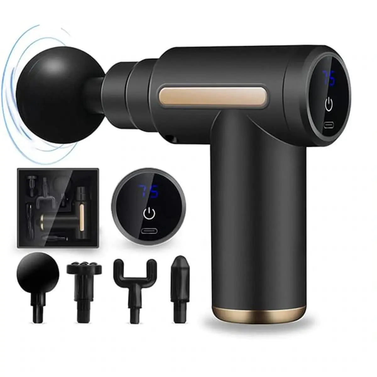 Black massage gun with attachments on a white background