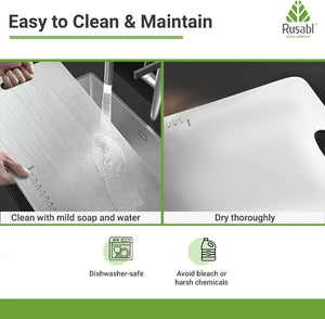 Promotional graphic for a white cutting board by Rusabi, showing two panels with a hand using the board in a sink and close-up of its smooth white surface. Text reads 'Easy to Clean & Maintain' with instructions to clean with mild soap and water and dry thoroughly.