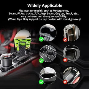 Car cup holder organizer with compatibility tips on a dark background