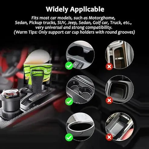 Car cup holder organizer with compatibility tips on a dark background