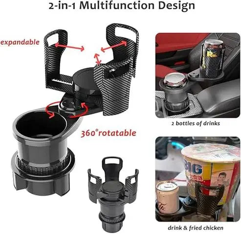 Multifunctional car cup holder with expandable design and 360-degree rotation, shown in use.