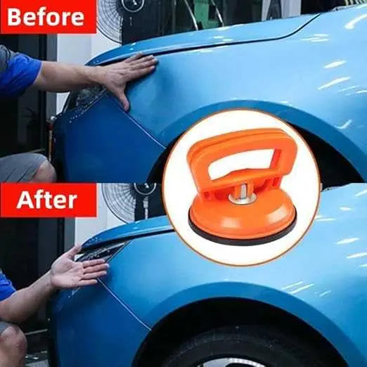 Before and after comparison of a blue car with a hand showing a dent, and an orange dent removal tool inset.