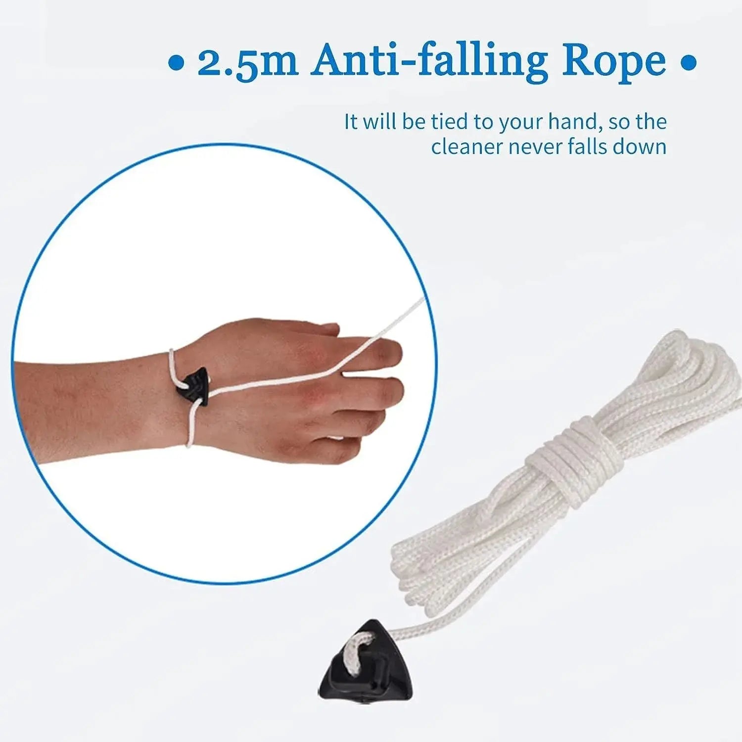 Anti-falling rope with a hand holding it and a close-up of the rope on a white background.