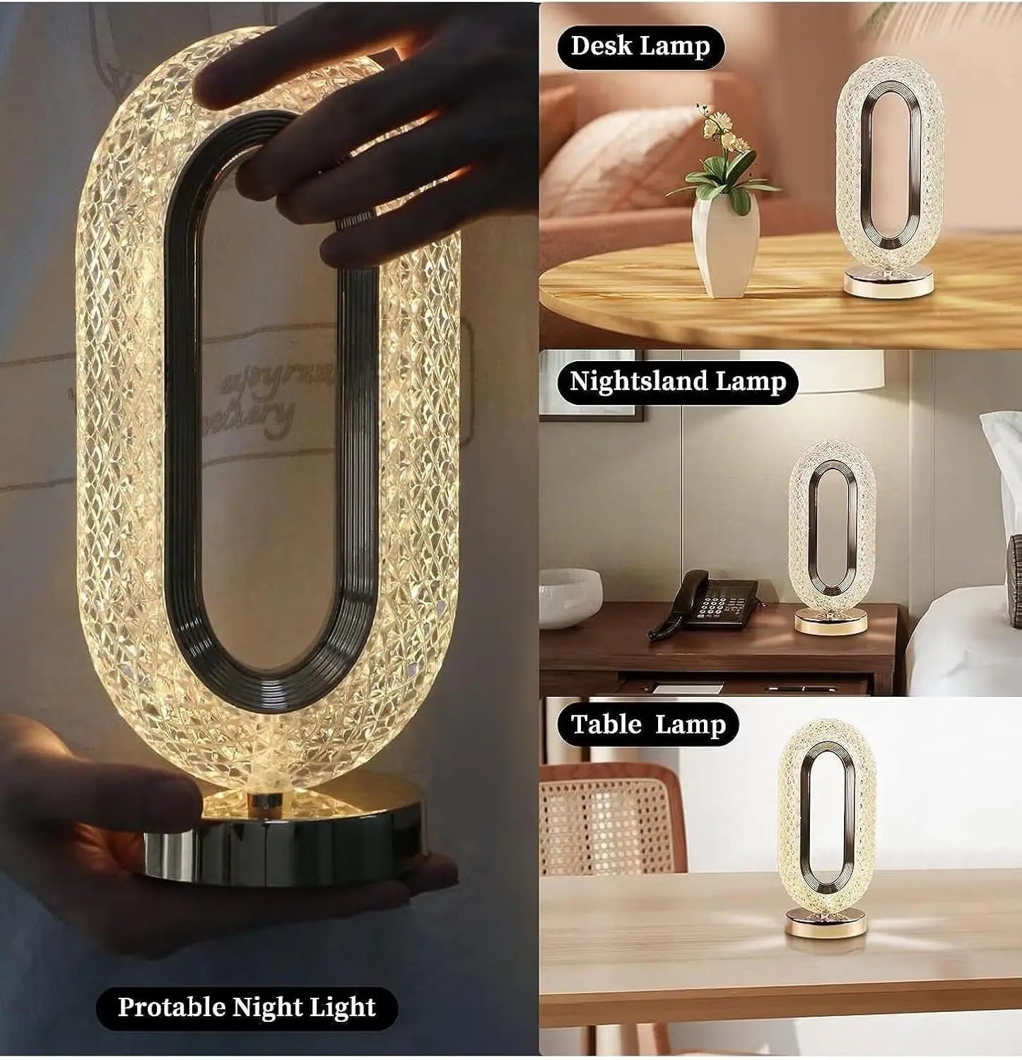 Collage of a decorative lamp in various settings including desk, nightside, and table.