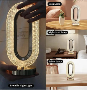 Collage of a decorative lamp in various settings including desk, nightside, and table.