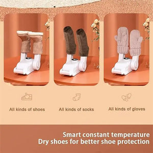 Three stages of using a shoe dryer with text indicating it dries all kinds of shoes, socks, and gloves.