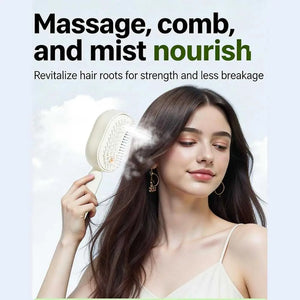 Woman using a hair care product with text on a white background