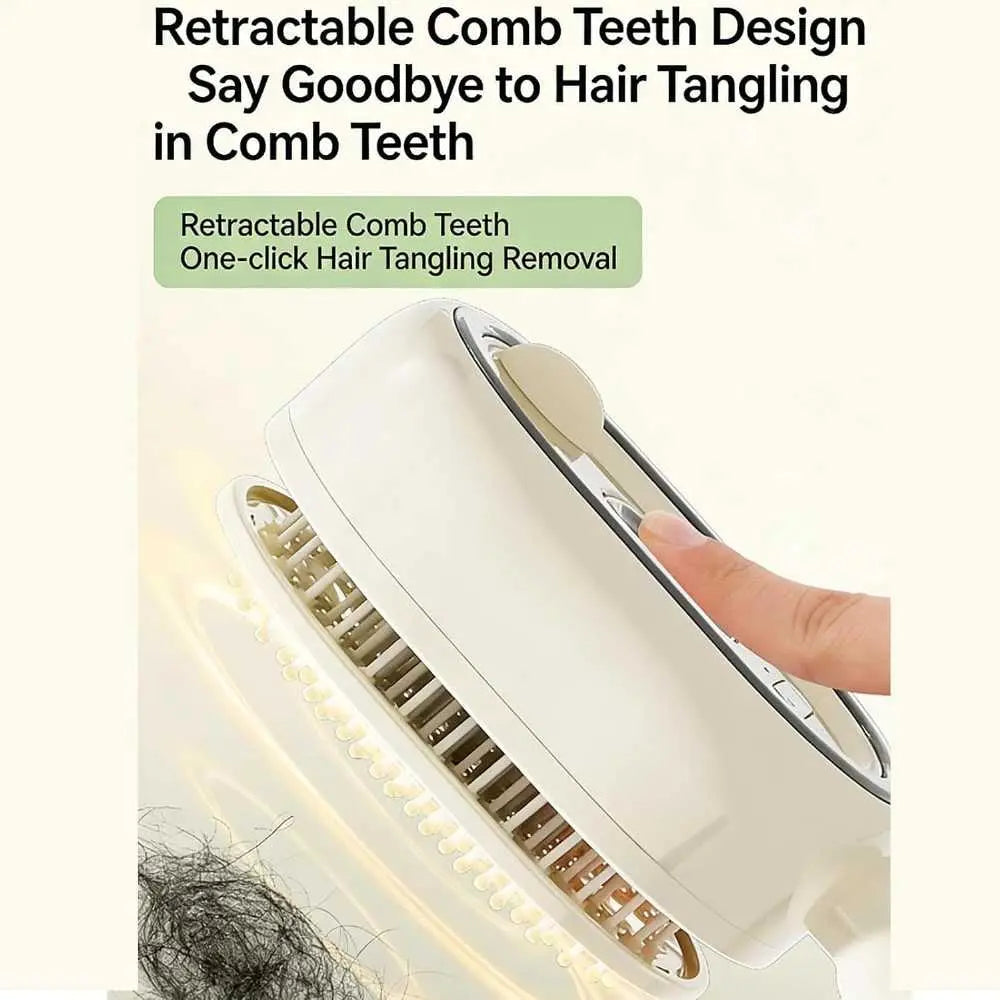 A close-up of a white retractable hair comb teeth removal device with a finger pressing a button, shown with text overlays describing its one-click hair tangling removal feature.