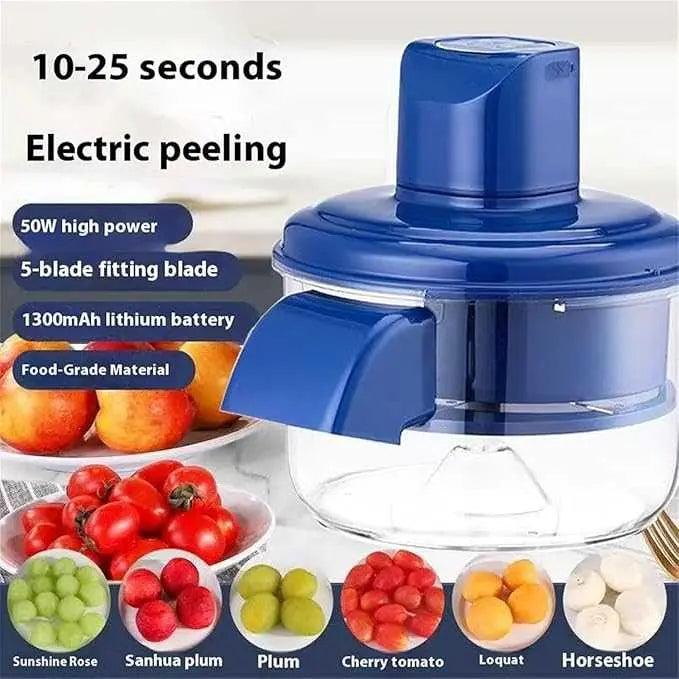 Blue electric peeler with features listed and images of peeled fruits and vegetables.