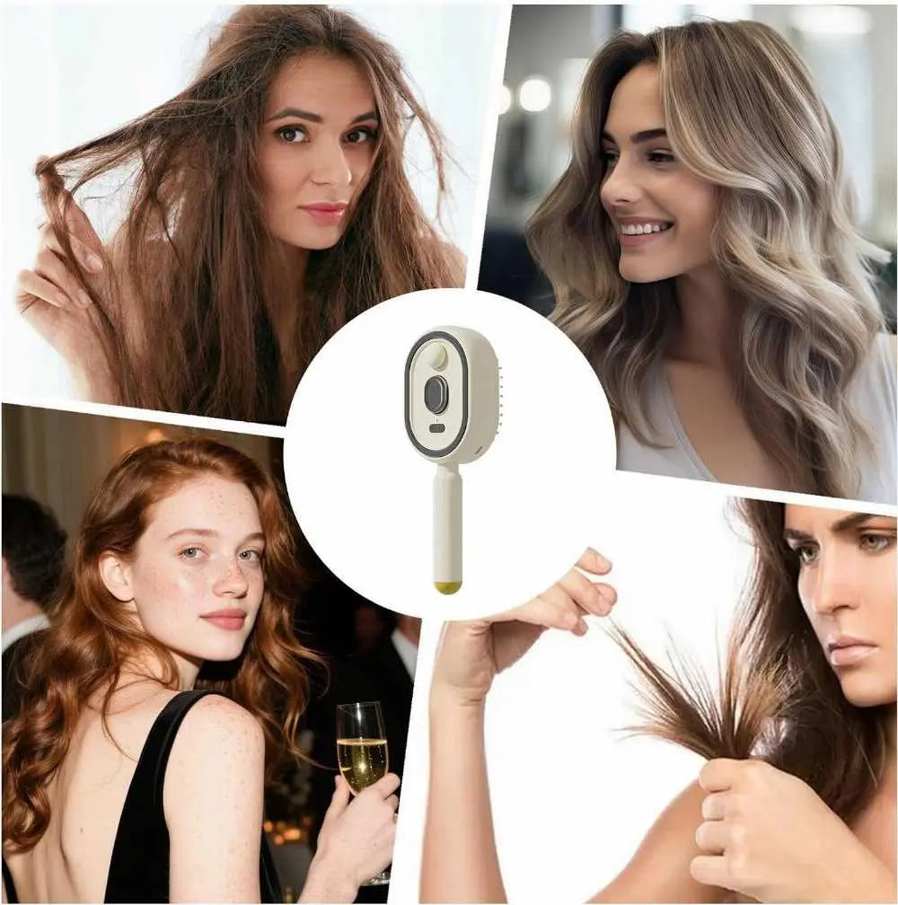 A collage showing several women with long brown and blonde hair, alongside a central product photo of a handheld hair straightener or styling tool. Because people are prominently present and the image uses real environments, the correct subject_type is Lifestyle rather than Product/Packaging.