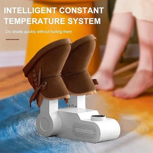 Shoe dryer with 'Intelligent Constant Temperature System' text and a child's feet in the background.