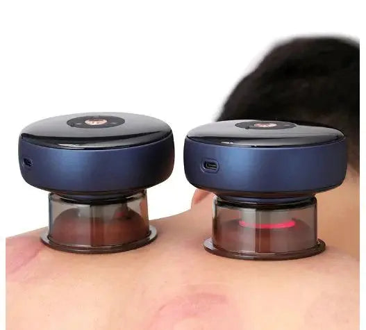 Two blue massage devices on a person's back with a white background
