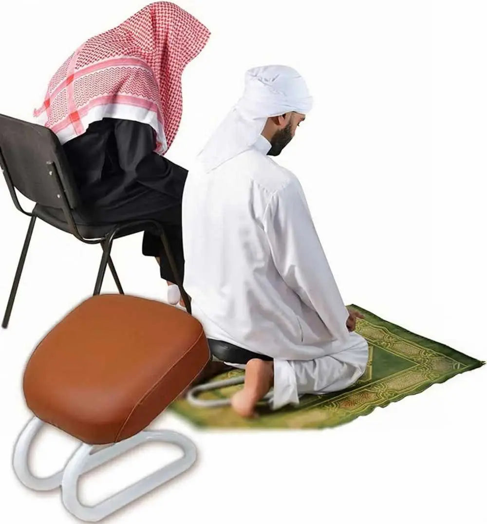 Two people using a kneeling stool for prayer on a white background