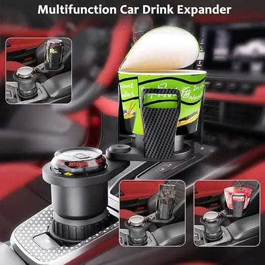 Multifunctional car drink expander with cup holder and drink holders in a car interior.